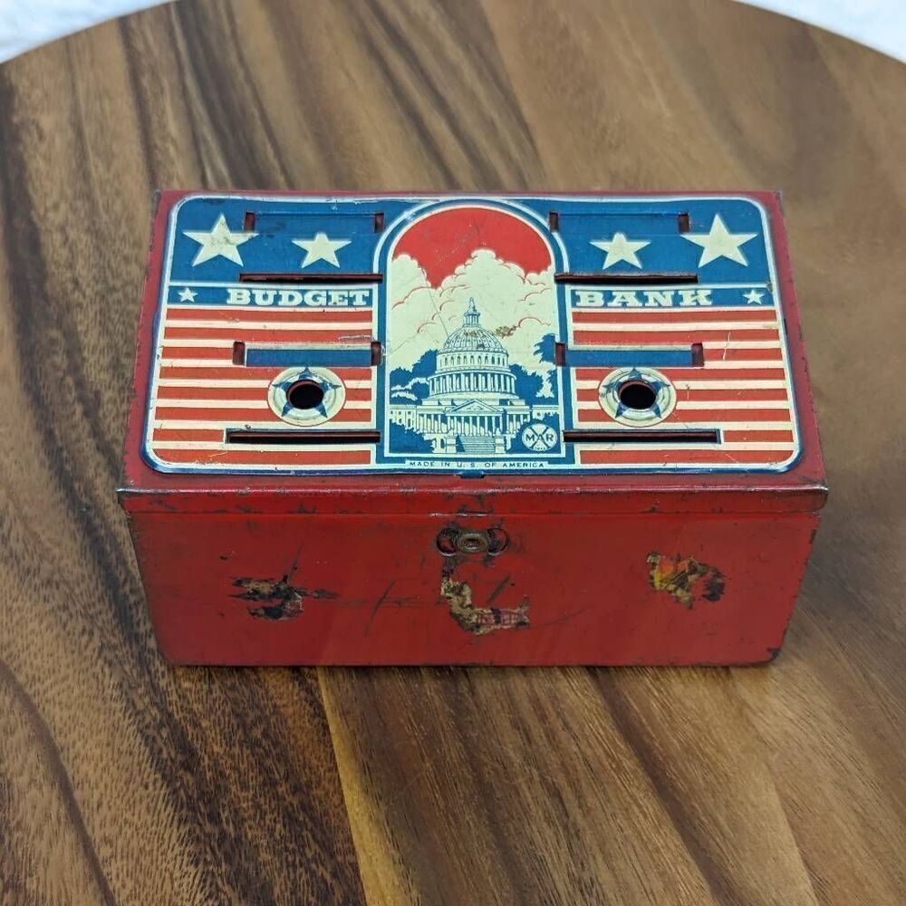 Vintage Marx Metal Budget Bank Capitol Stars and Stripes Multi Compartment